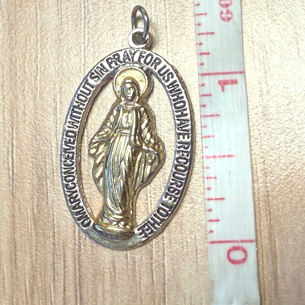Vintage Two Tone Miraculous Medal Virgin Mary Oval Cutout Pendant Charm 1.25"